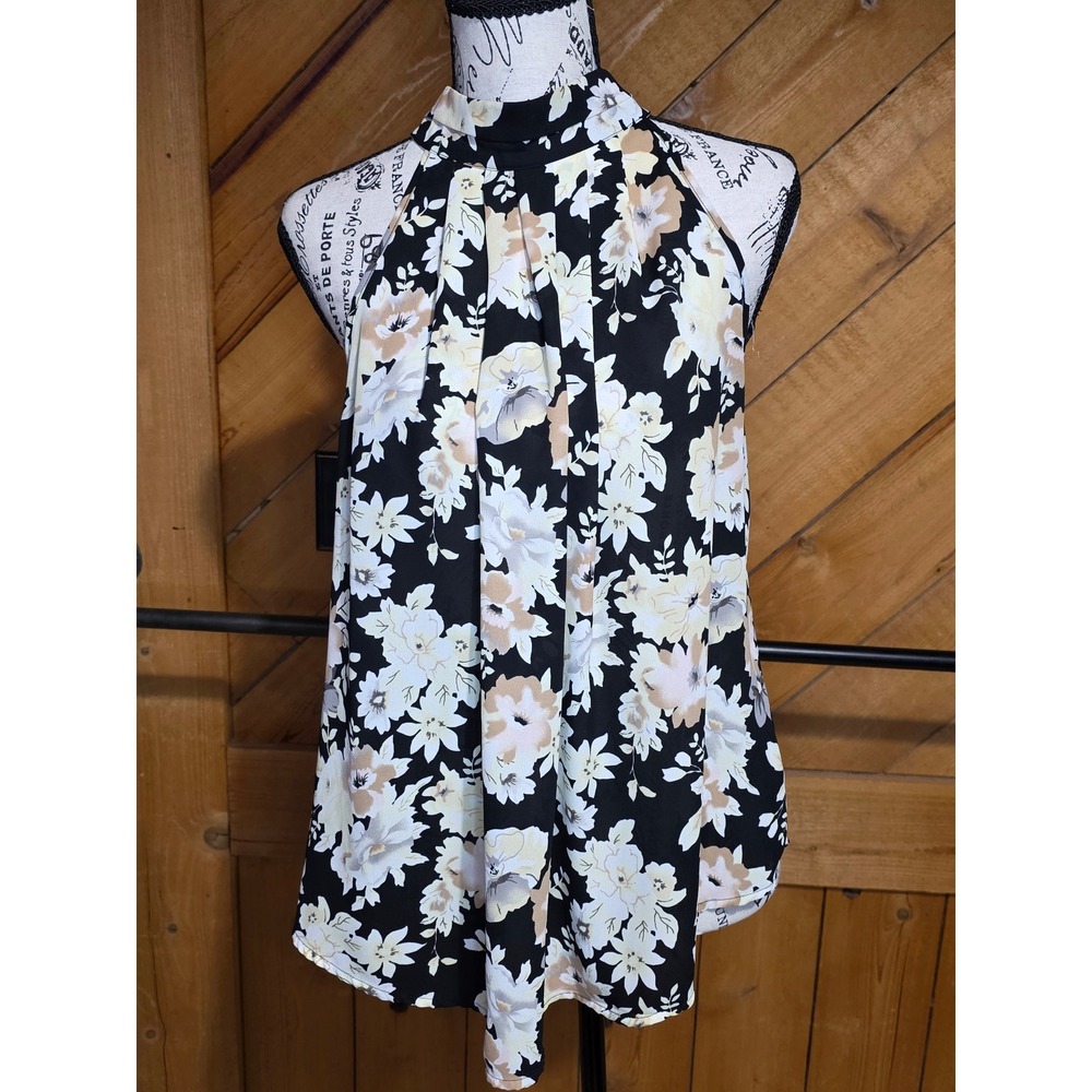 CAbi Floral Halter Neck Pleated‎ Top Black Cream Tan Sleeveless Blouse High Neck